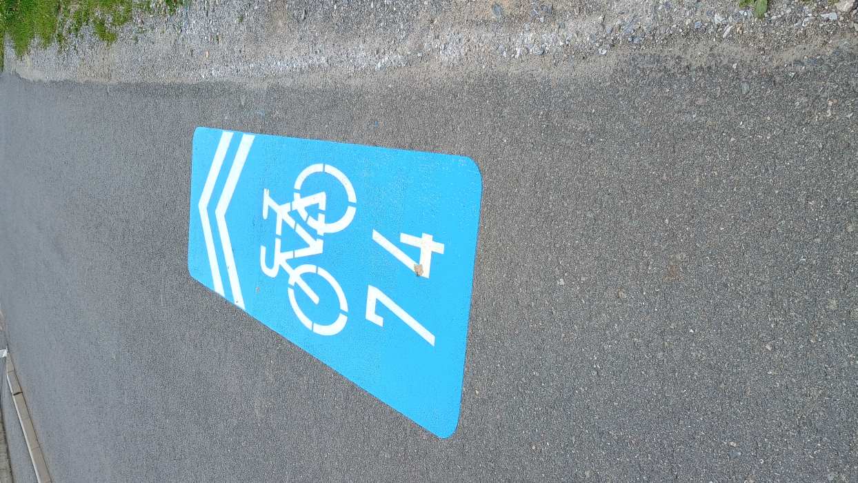 Zu sehen ist: eine Straße mit einer Bodenmarkierung für einen Fahrradweg