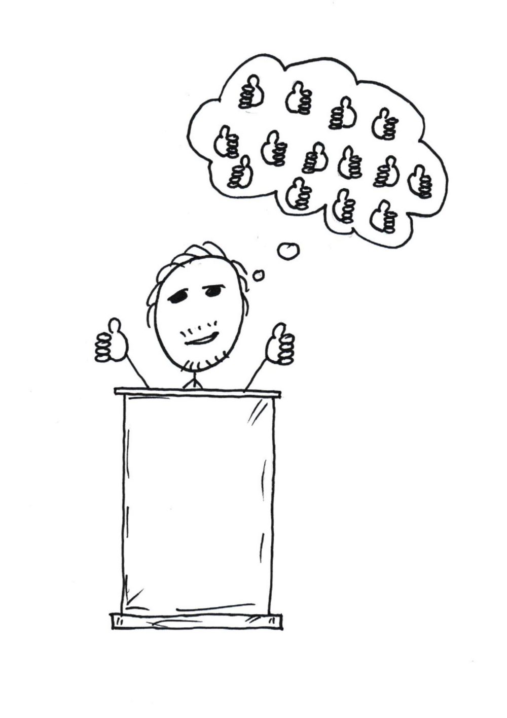 Zu sehen ist: eine Karikatur, eine Person, die die Daumen nach oben zeigt